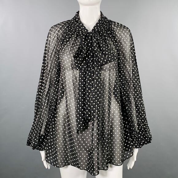PRABAL GURUNG Size 2 Black White Polyester Polka Dot Bow Blouse - Picture 2 of 7